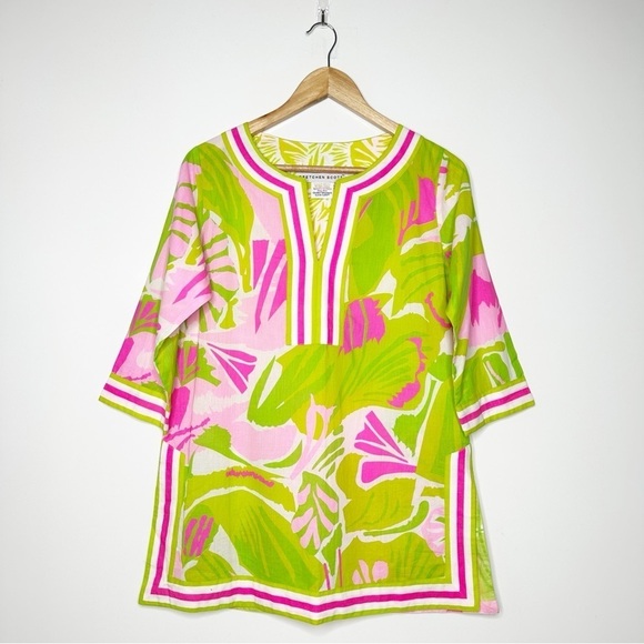 Gretchen Scott Designs Tops - Gretchen Scott Designs Split Neck Tunic Pink/Lime Print Size Small